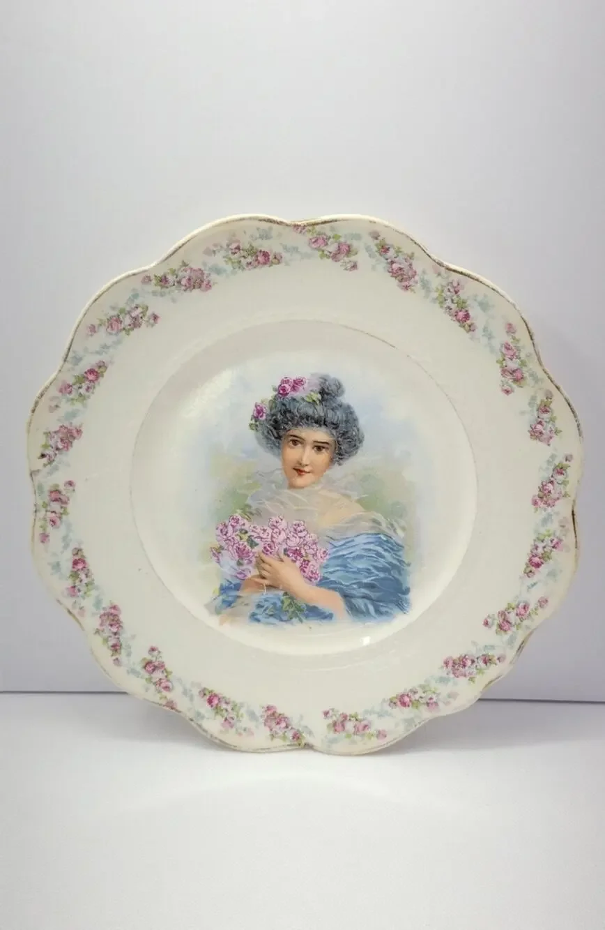 Antique Victorian Portrait Bowl Floral Scalloped Serving Dish Woman Roses...